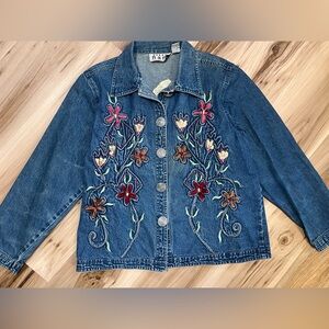 Vintage Keren Hart Denim Jean Jacket Women’s Large L Embroidered Floral Boho Y2K